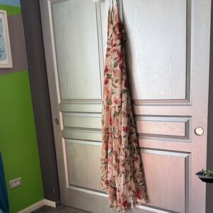 Astr Floral Beige Curtain Panel with Red and Green Accents